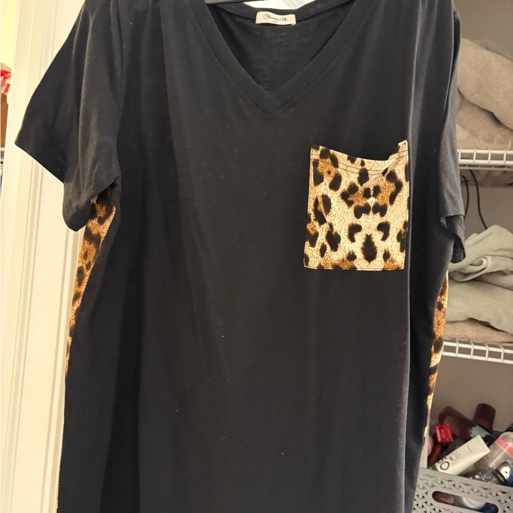 Black T-Shirt with Leopard Print Accents